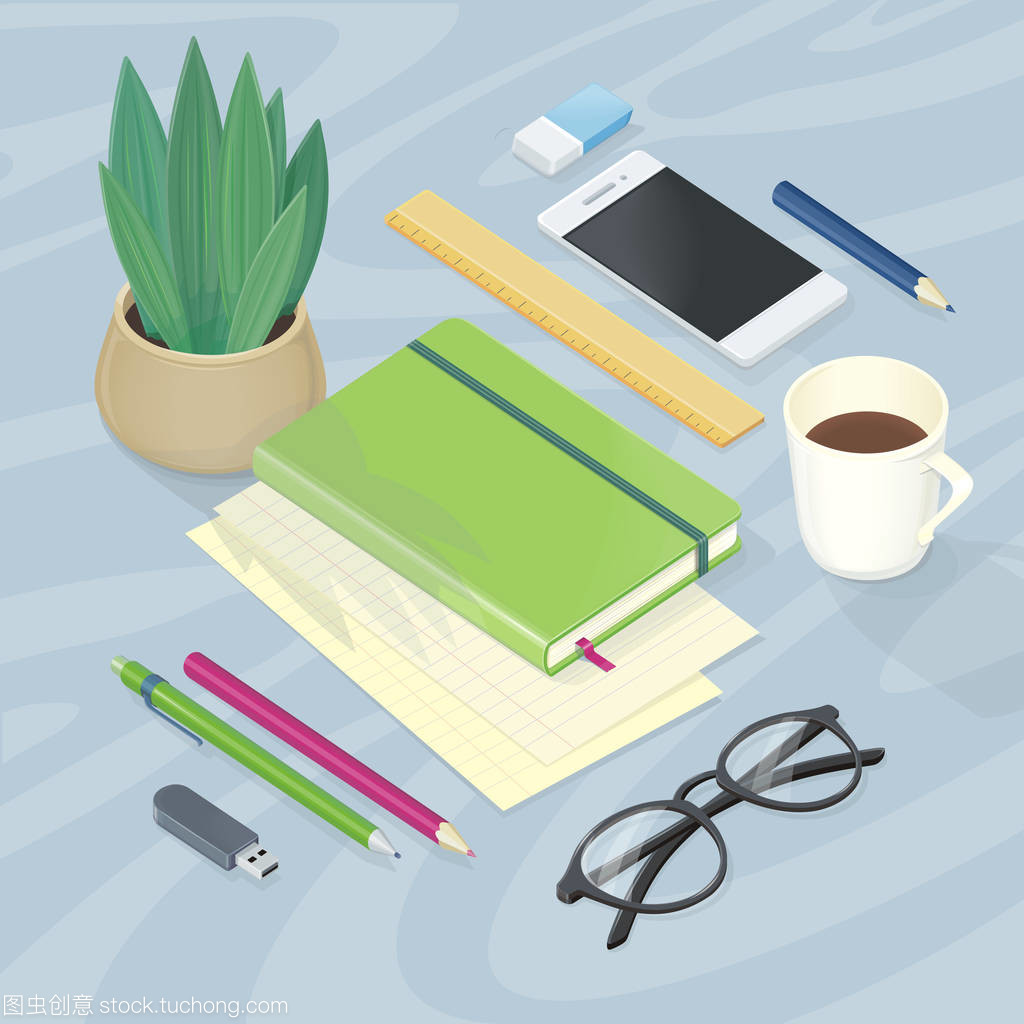 顶视图下的工作场所与办公用品布局艺术